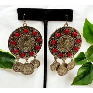 Vintage Elizabeth II Coin Dangle Earrings with Red Rhinestone Accents Retro 80s